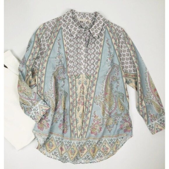Soft Surroundings Sz M Floral Paisley Print Pintuck Pleated Blouse Popover Top - Picture 2 of 11